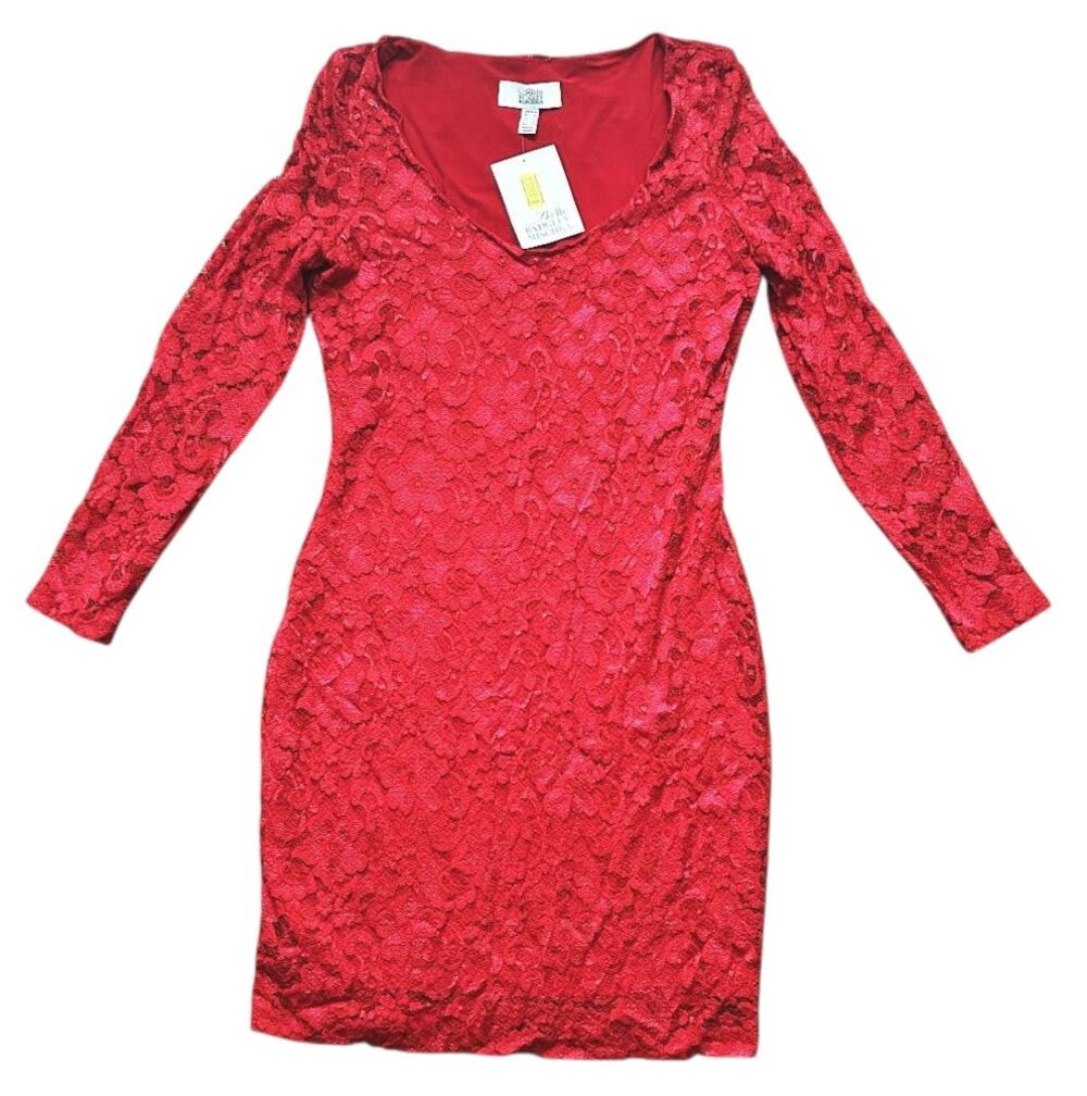 NWT Belle Badgley Mischka V-Neck Long Sleeve Red Lace Bodycon Sheath Dress 14